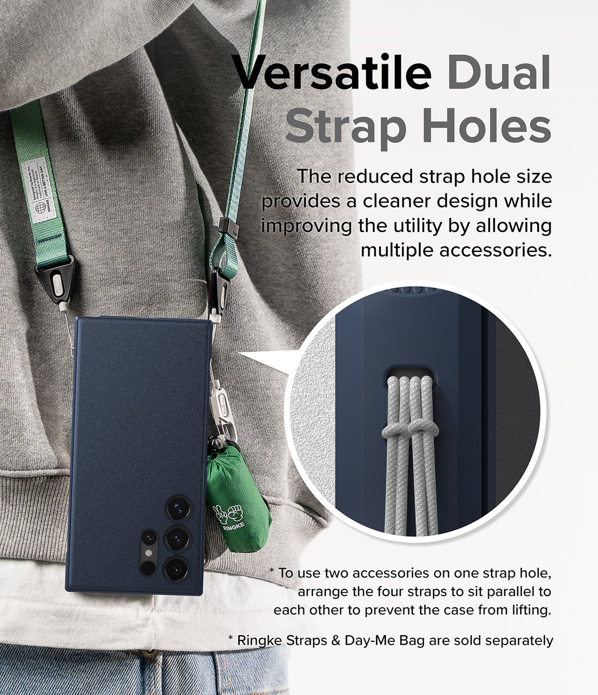 Galaxy S24 Ultra Case | Onyx - Navy phone case with dual strap holes, showing a green lanyard and accessory bag attached.