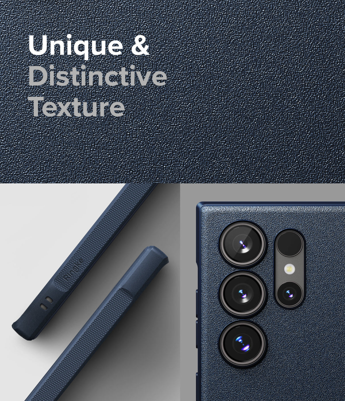 Galaxy S24 Ultra Case | Onyx - Close-up of textured navy phone case showing camera lenses and side buttons.