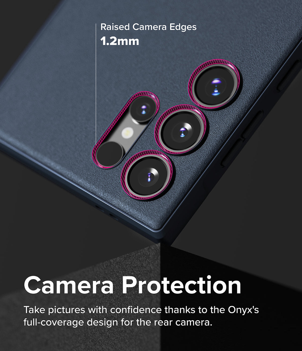 Galaxy S24 Ultra Case | Onyx - Close-up of phone case highlighting 1.2mm raised camera edges with pink outlines for protection.