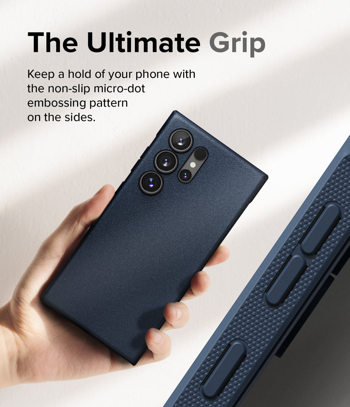 Galaxy S24 Ultra Case | Onyx - Hand holding a dark blue phone case showing the textured side grip and camera cutouts.