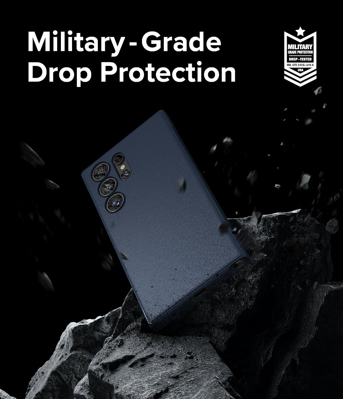 Galaxy S24 Ultra Case | Onyx - Dark blue phone case floating above jagged rocks with military-grade drop protection text.