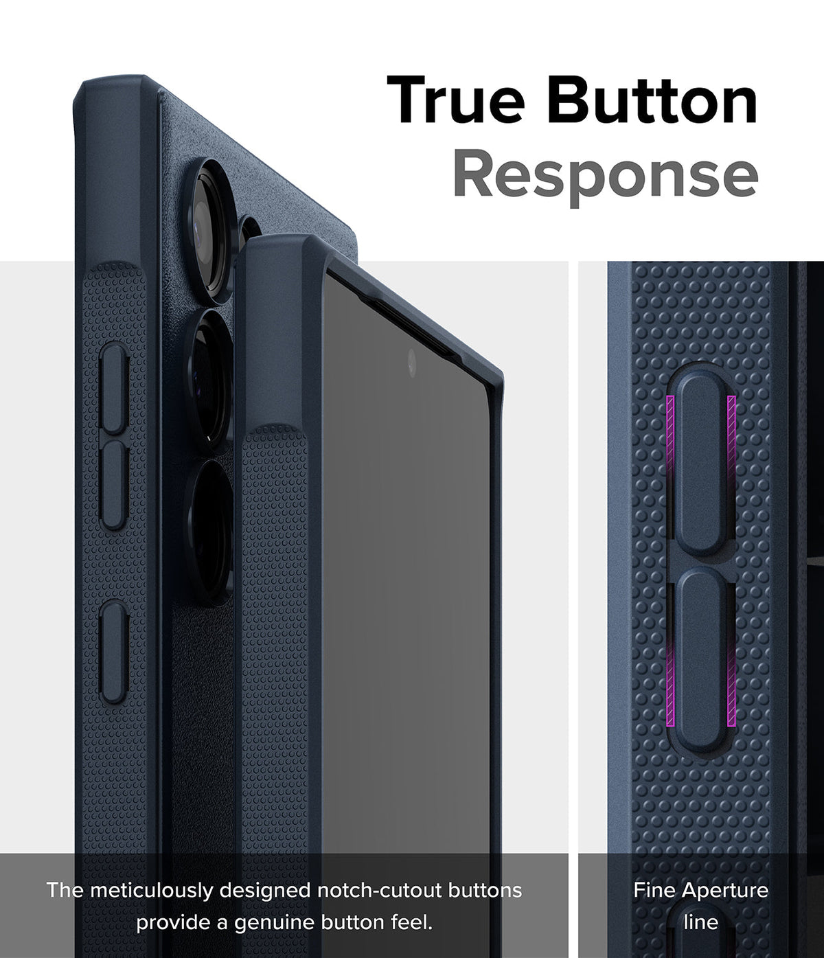 Galaxy S24 Ultra Case | Onyx - Close-up of textured phone case buttons with highlighted aperture lines for tactile response.