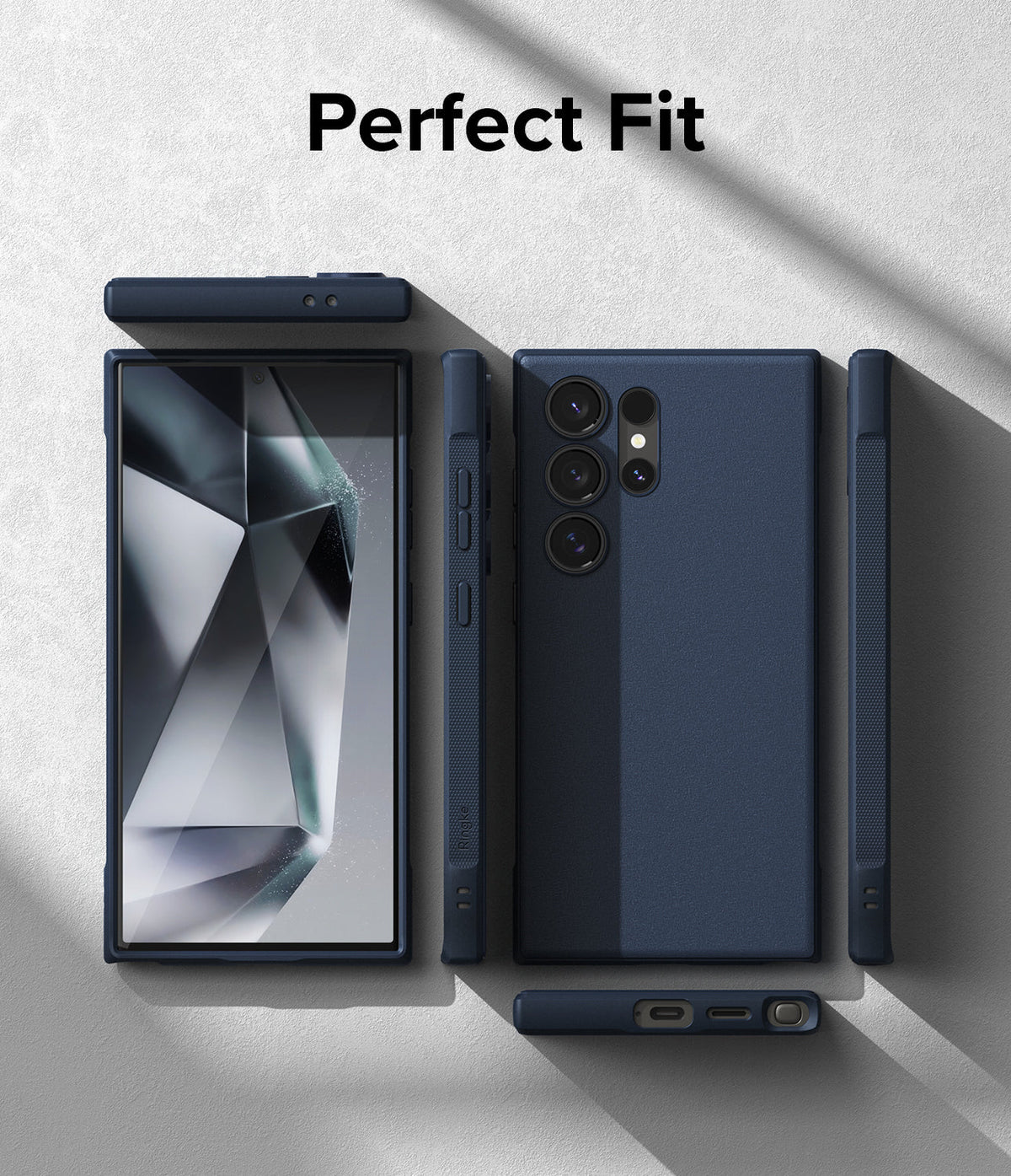Galaxy S24 Ultra Case | Onyx - Multiple views of a dark blue phone case showcasing precise cutouts and textured sides.