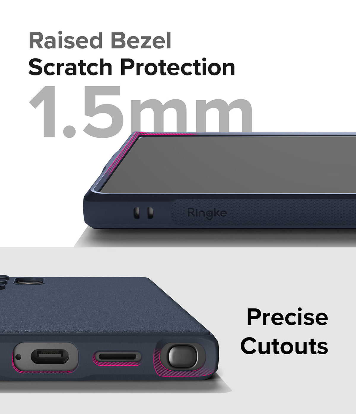 Galaxy S24 Ultra Case | Onyx - Close-up of phone case showing 1.5mm raised bezel protection and precise port cutouts.