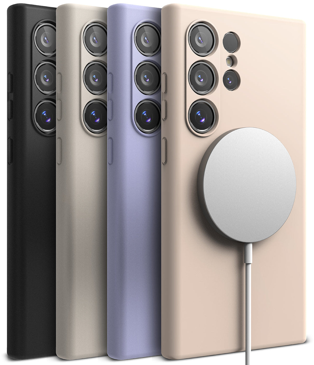 Galaxy S24 Ultra Case | Silicone Magnetic - Four silicone phone cases in black, grey, purple, and beige with a magnetic charger.