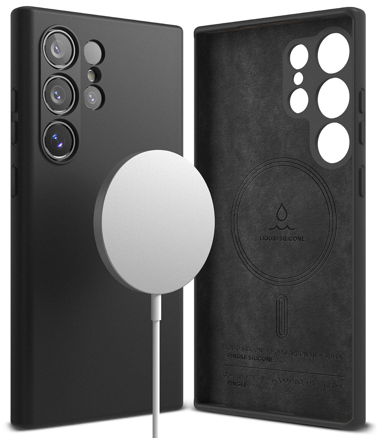 Galaxy S24 Ultra Case | Silicone Magnetic - Black magnetic silicone case shown from back and interior views.