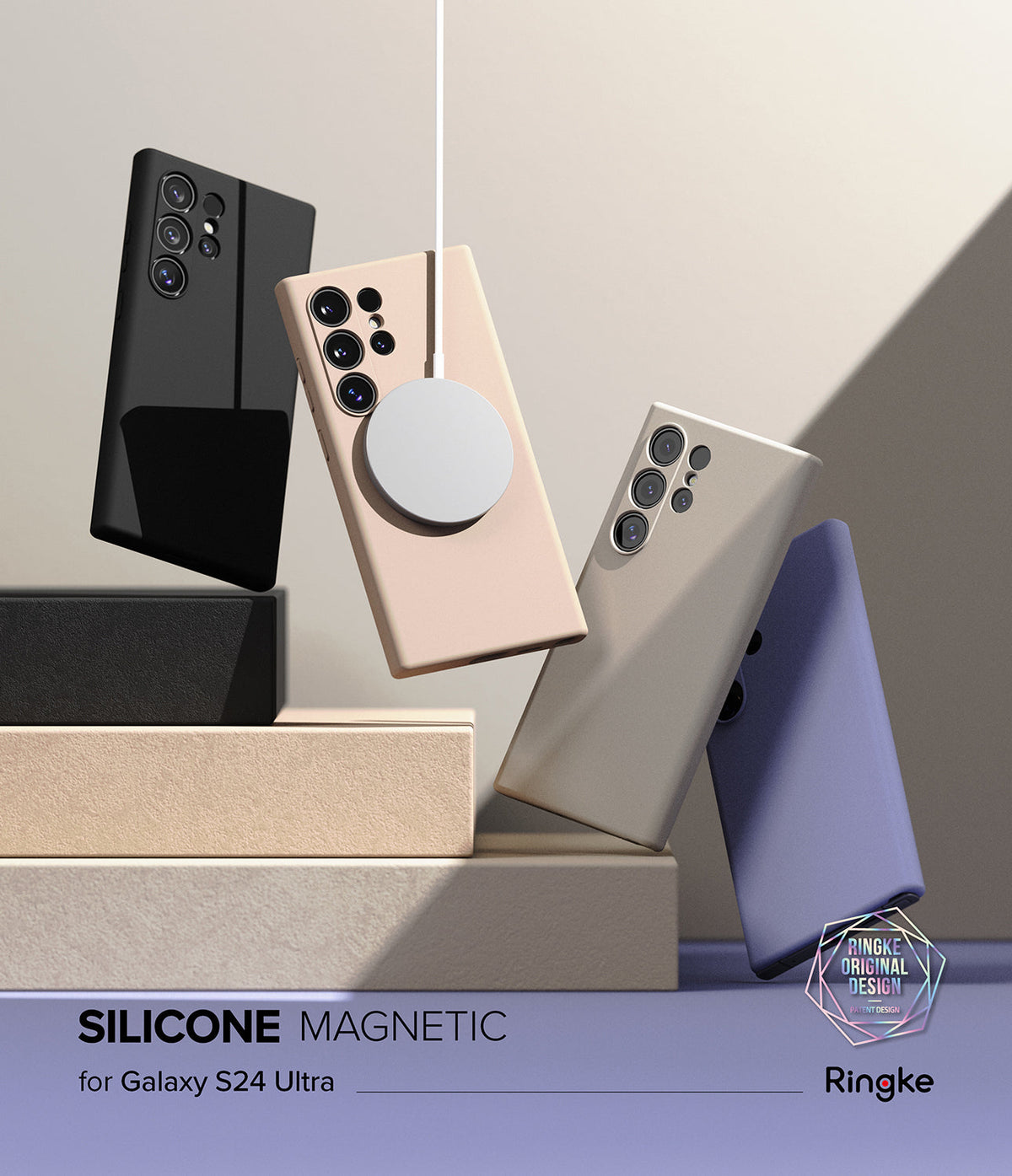 Galaxy S24 Ultra Case | Silicone Magnetic - Four colorful silicone phone cases floating above blocks with a magnetic charger.