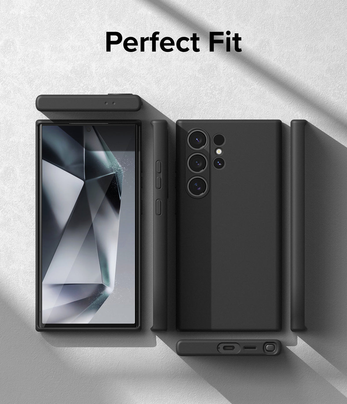Galaxy S24 Ultra Case | Silicone Magnetic - Front and back views of a black phone case showing precise cutouts.