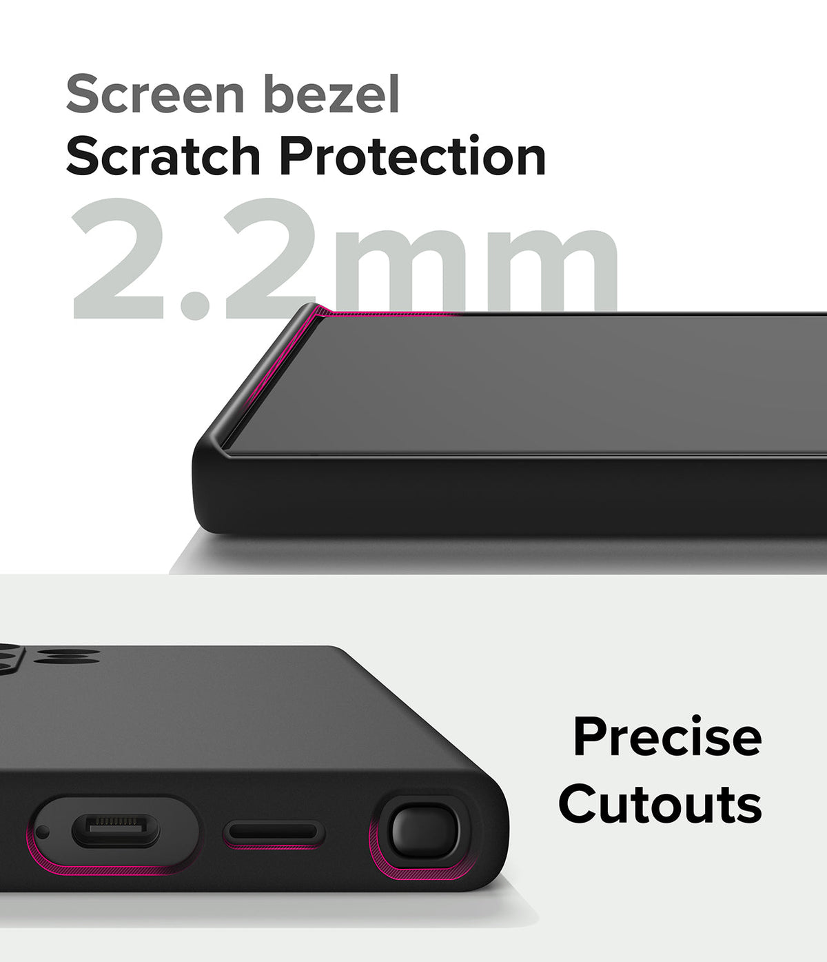 Galaxy S24 Ultra Case | Silicone Magnetic - Close-up of 2.2mm screen bezel protection and precise port cutouts on a black case.