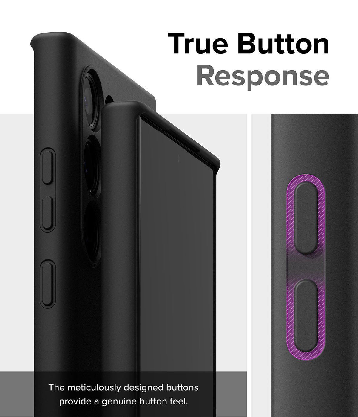 Galaxy S24 Ultra Case | Silicone Magnetic - Close-up of phone case buttons with a purple highlight showing tactile response.