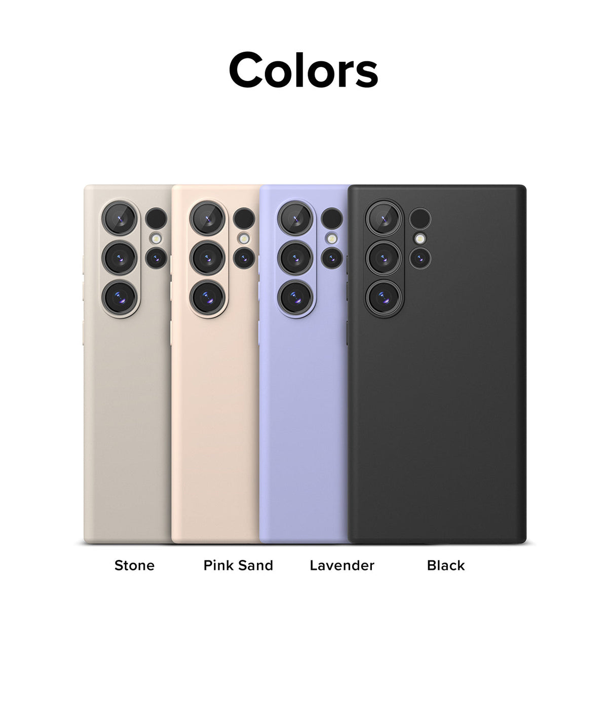 Galaxy S24 Ultra Case | Silicone Magnetic - Four Galaxy S24 Ultra phones in stone, pink sand, lavender, and black silicone cases.