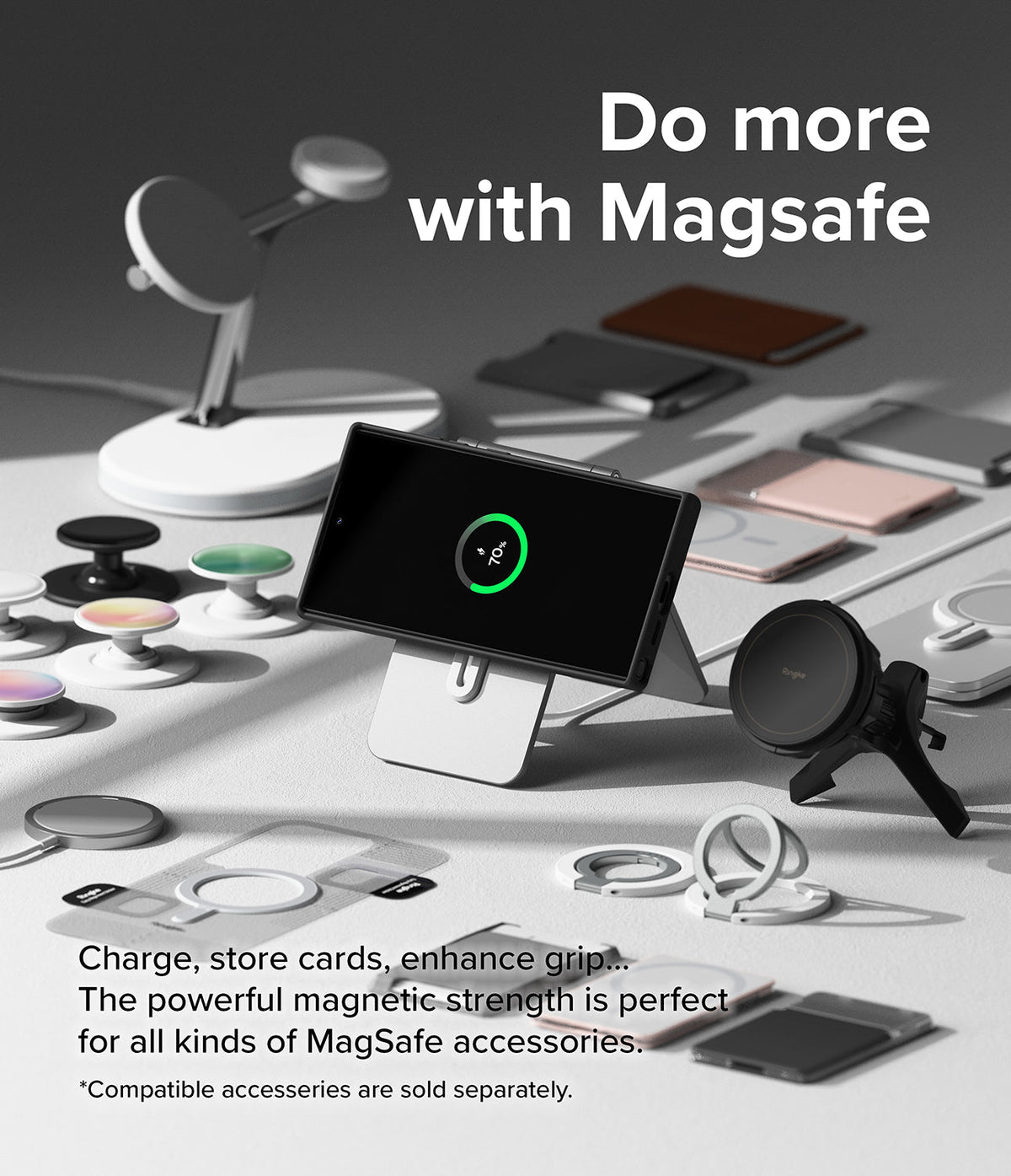 Galaxy S24 Ultra Case | Silicone Magnetic - Galaxy S24 Ultra on a magnetic stand surrounded by various MagSafe accessories.