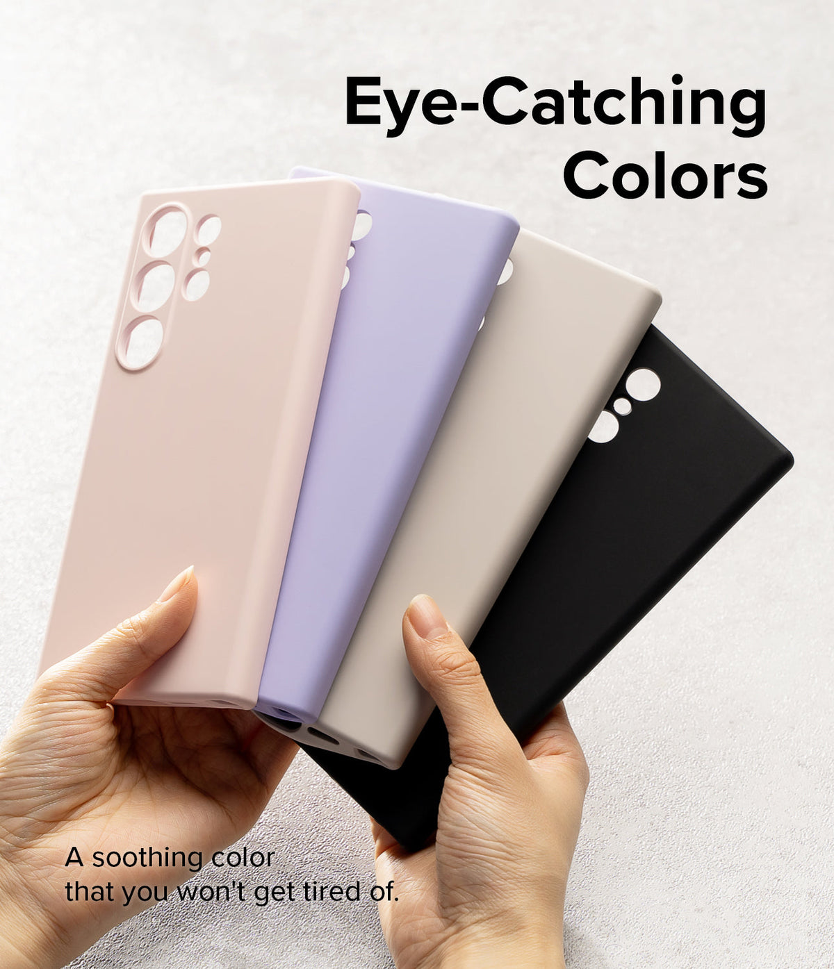 Galaxy S24 Ultra Case | Silicone Magnetic - Hands holding four Galaxy S24 Ultra silicone cases in pink, purple, beige, and black.