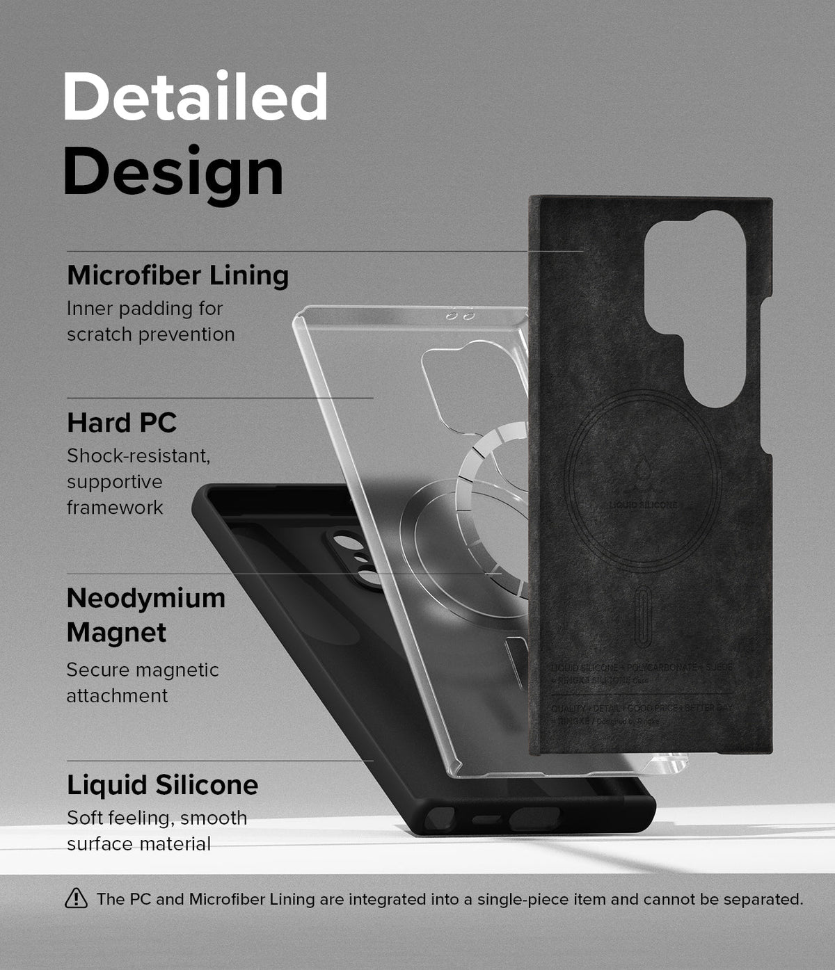 Galaxy S24 Ultra Case | Silicone Magnetic - Exploded view showing microfiber, hard PC, magnet, and silicone layers.