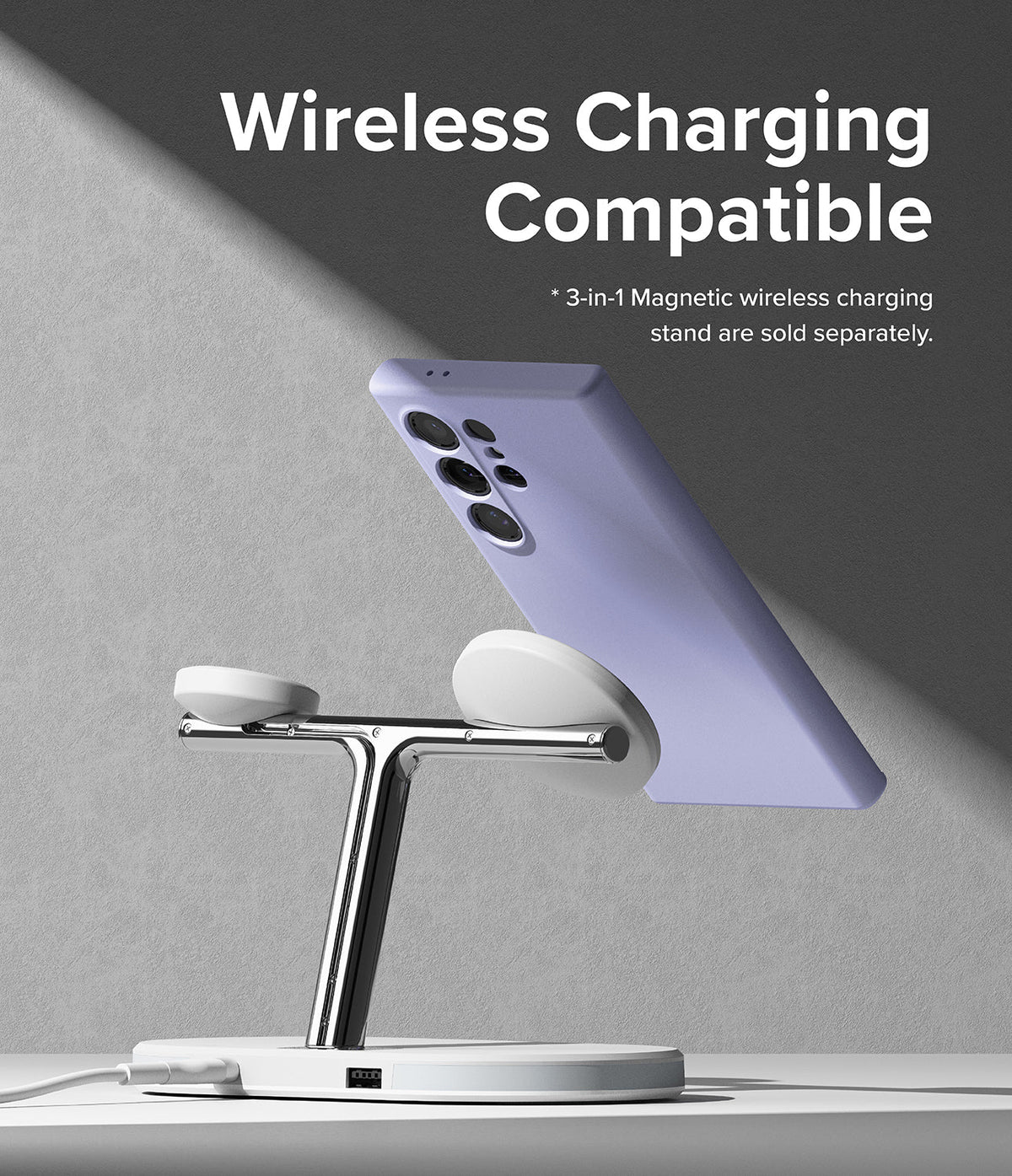 Galaxy S24 Ultra Case | Silicone Magnetic - Lavender phone case attached to a chrome 3-in-1 magnetic wireless charger.