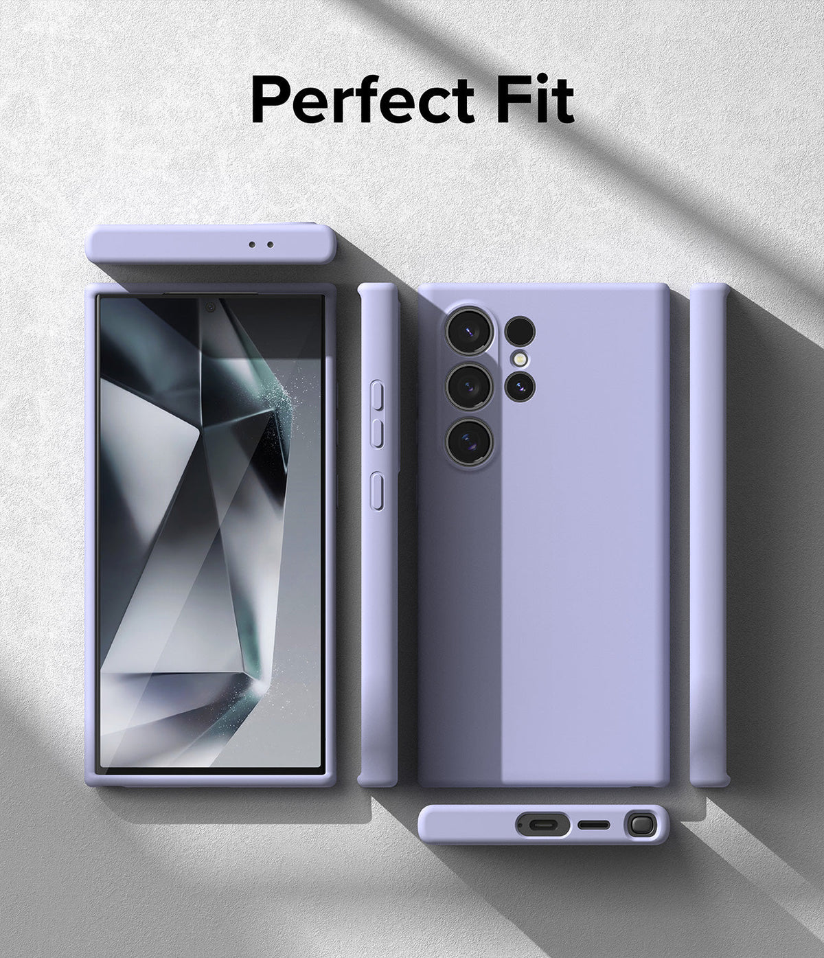 Galaxy S24 Ultra Case | Silicone Magnetic - Exploded view of a lavender silicone phone case surrounding a smartphone.