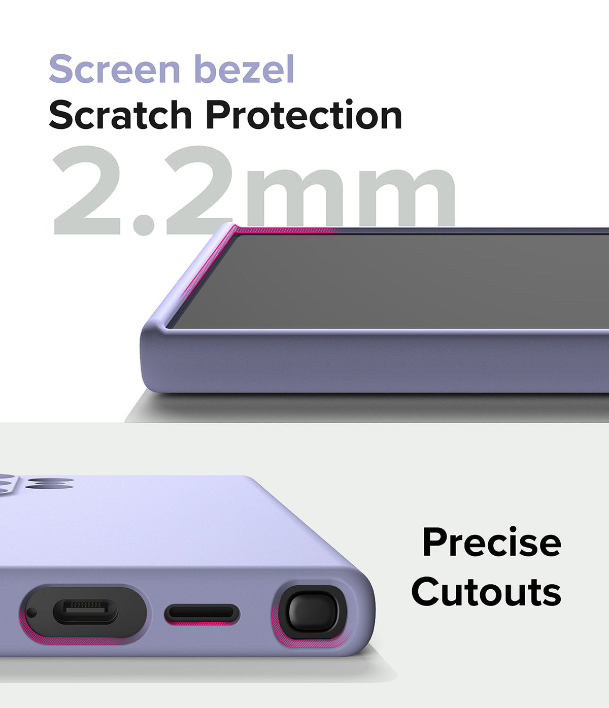 Galaxy S24 Ultra Case | Silicone Magnetic - Close-up of 2.2mm raised screen bezel and precise port cutouts on a lavender case.