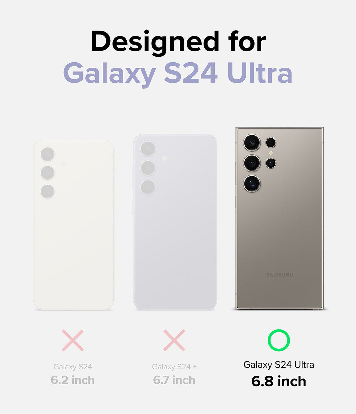 Galaxy S24 Ultra Case | Silicone Magnetic - Comparison chart showing Galaxy S24, S24+, and S24 Ultra with a green checkmark.