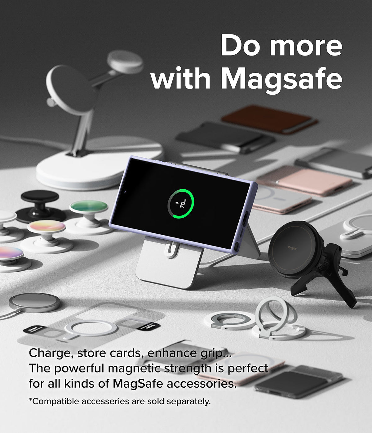 Galaxy S24 Ultra Case | Silicone Magnetic - Phone in a lavender case on a magnetic stand surrounded by MagSafe accessories.