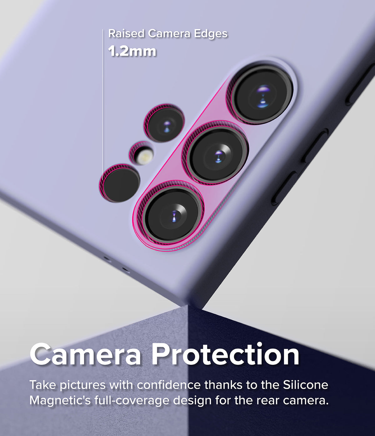 Galaxy S24 Ultra Case | Silicone Magnetic - Lavender phone case highlighting 1.2mm raised edges around camera lenses.