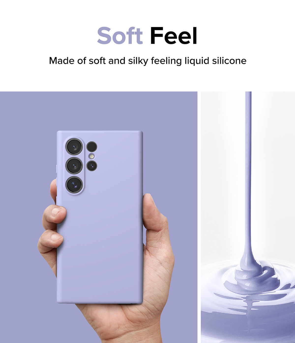 Galaxy S24 Ultra Case | Silicone Magnetic - Hand holding a lavender silicone phone case next to liquid silicone.