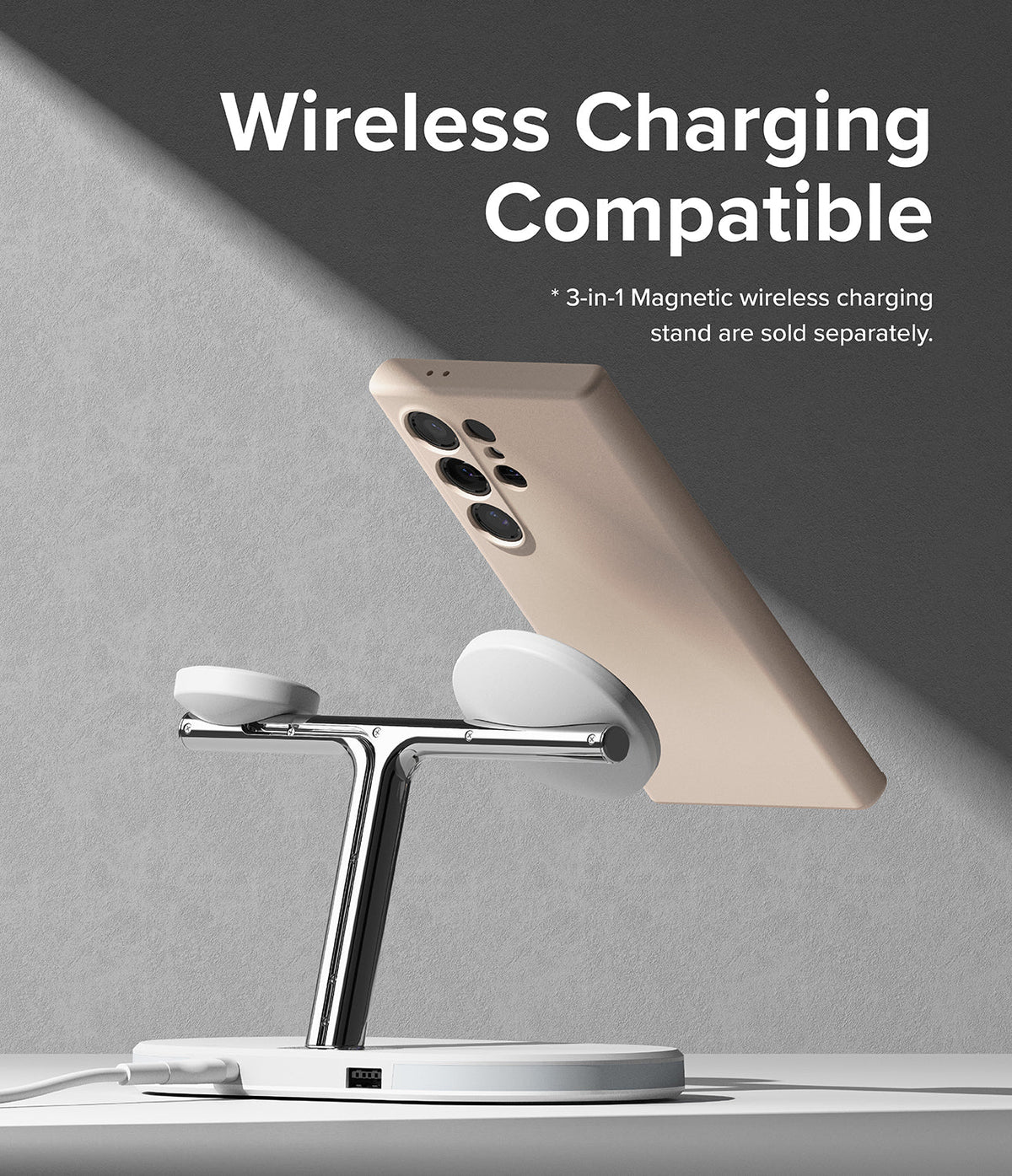 Galaxy S24 Ultra Case | Silicone Magnetic - Beige phone case attached to a chrome 3-in-1 magnetic wireless charger.