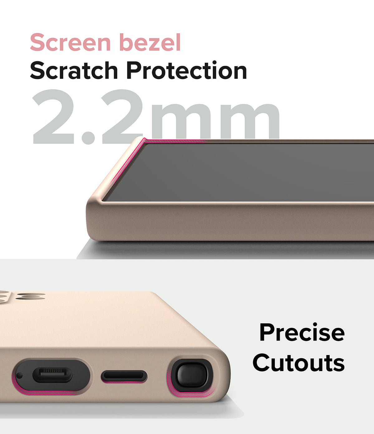 Galaxy S24 Ultra Case | Silicone Magnetic - Close-up of 2.2mm screen bezel protection and precise port cutouts on a phone case.