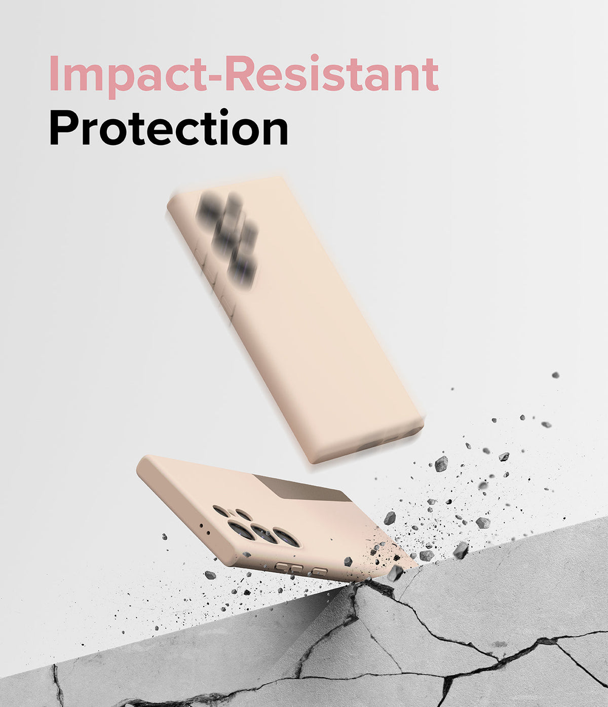 Galaxy S24 Ultra Case | Silicone Magnetic - Two beige phone cases floating above a cracked concrete surface with debris.