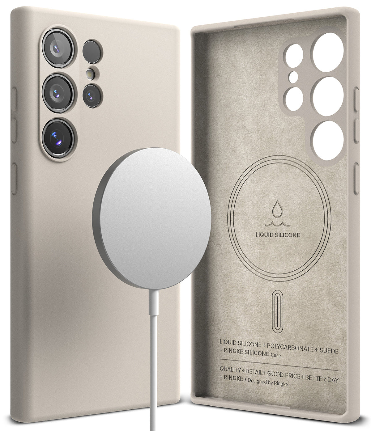Galaxy S24 Ultra Case | Silicone Magnetic - Beige silicone case showing exterior camera cutouts and interior magnetic ring.