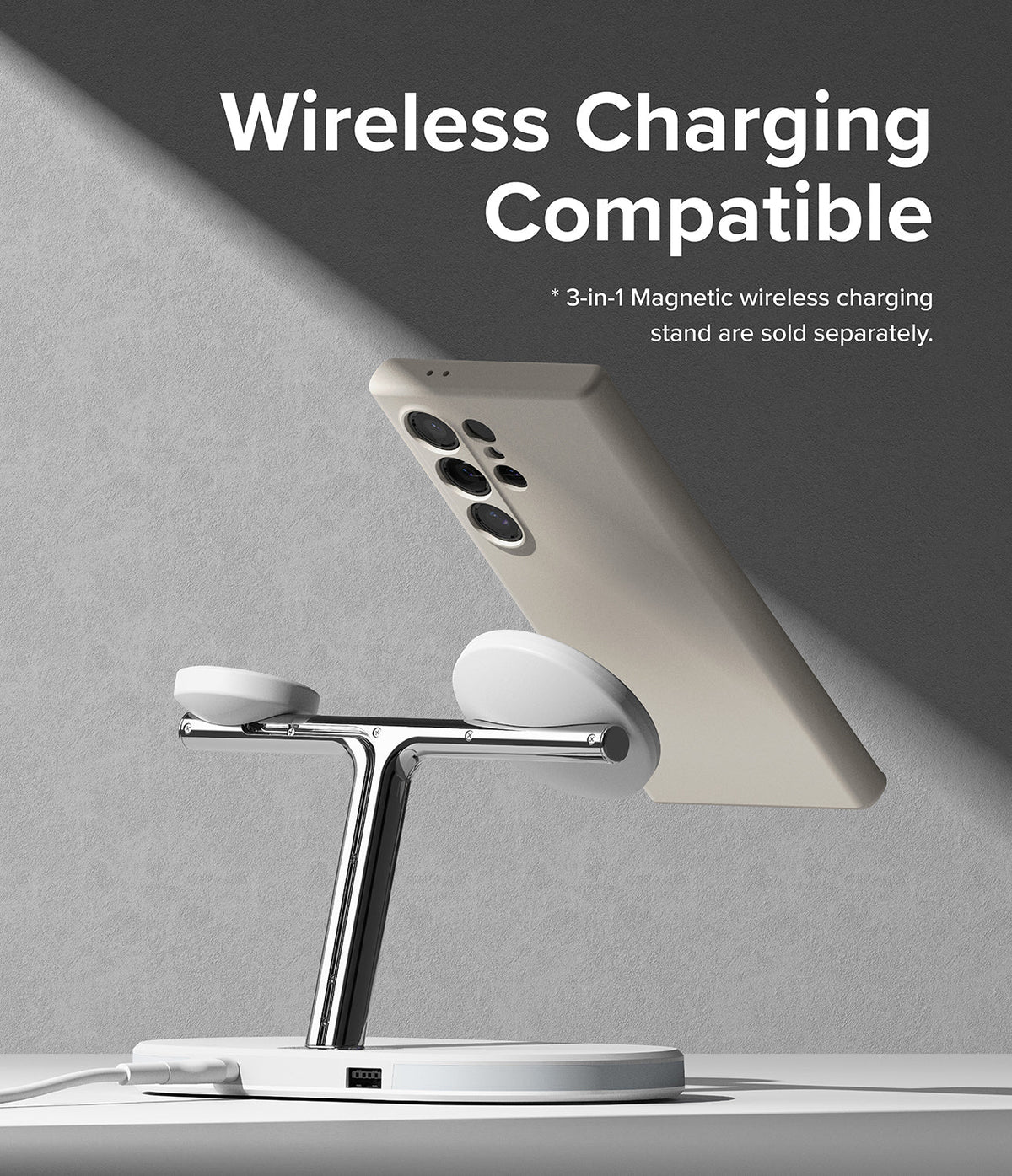 Galaxy S24 Ultra Case | Silicone Magnetic - Beige phone case attached to a chrome 3-in-1 magnetic wireless charger.