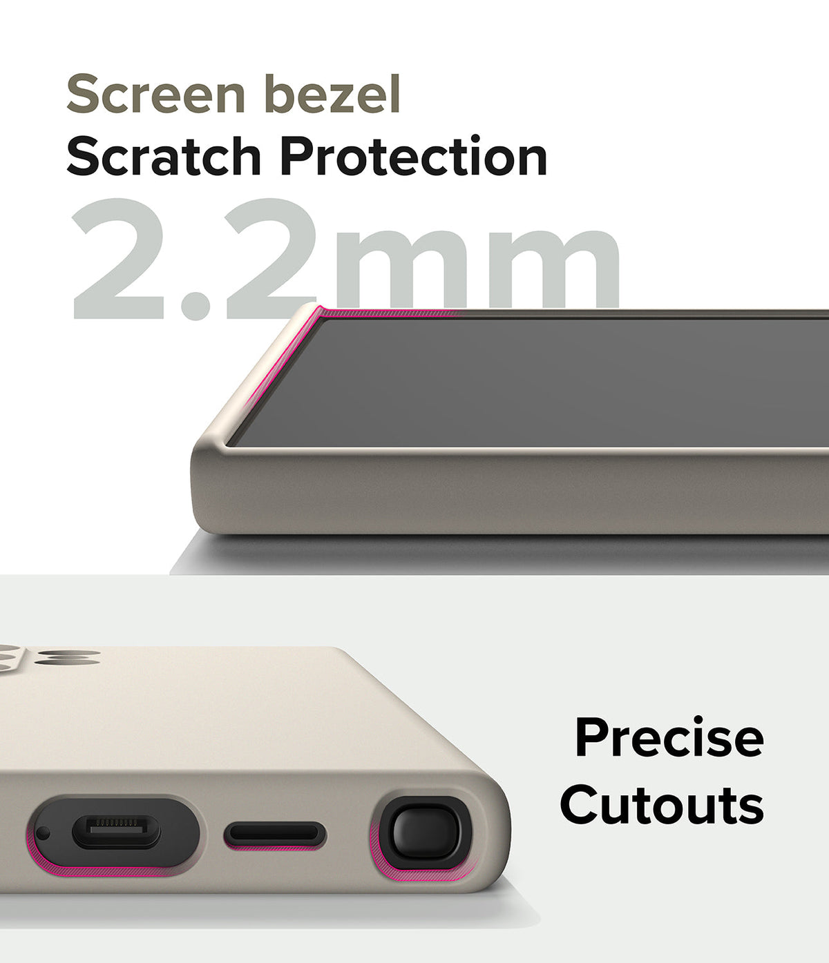 Galaxy S24 Ultra Case | Silicone Magnetic - Close-up of 2.2mm raised screen bezel and precise port cutouts on a beige case.
