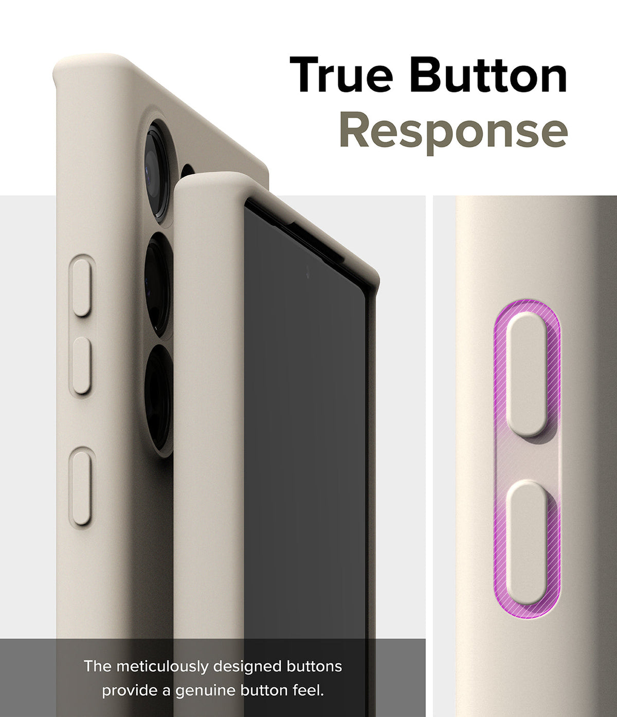 Galaxy S24 Ultra Case | Silicone Magnetic - Close-up of beige phone case buttons with a purple highlighted area.