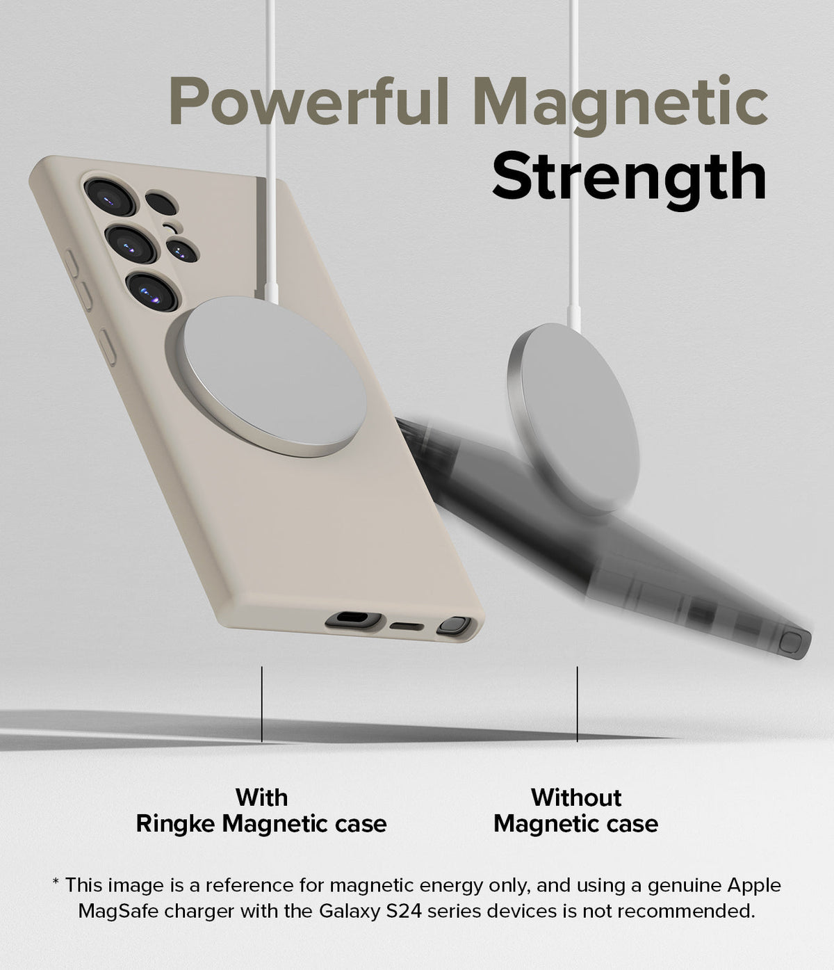 Galaxy S24 Ultra Case | Silicone Magnetic - A beige phone case securely attached to a magnetic charger versus a falling phone.