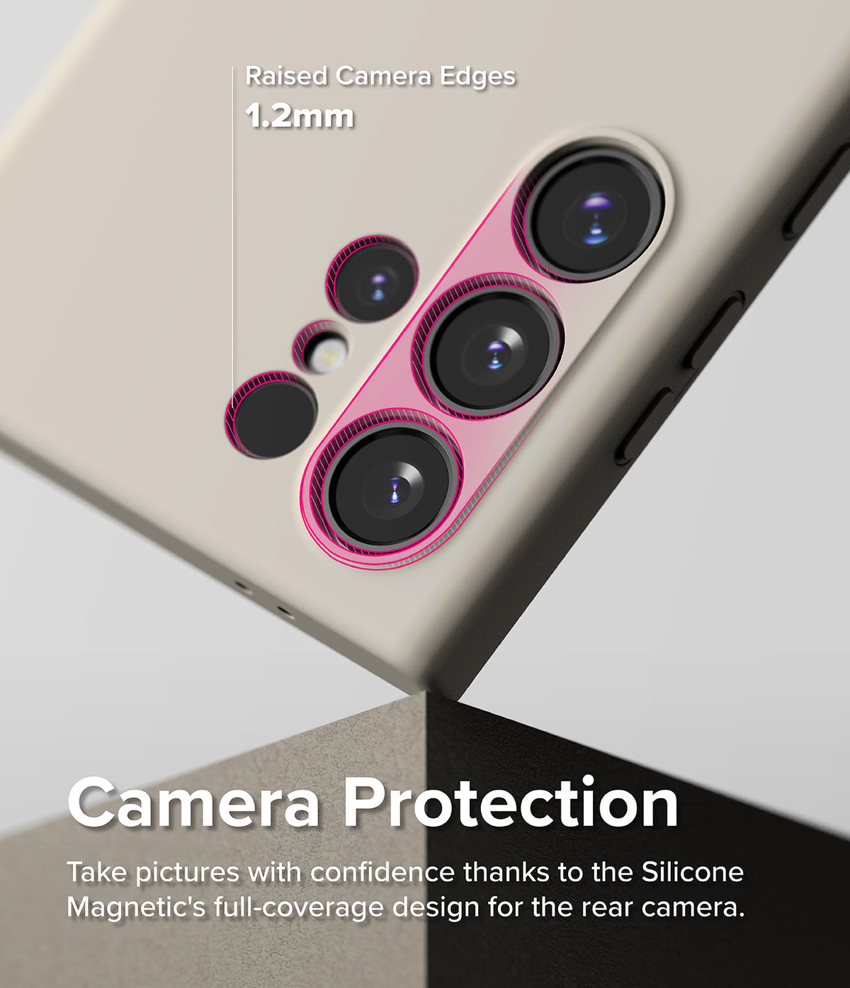 Galaxy S24 Ultra Case | Silicone Magnetic - Close-up of phone case showing 1.2mm raised edges protecting camera lenses.