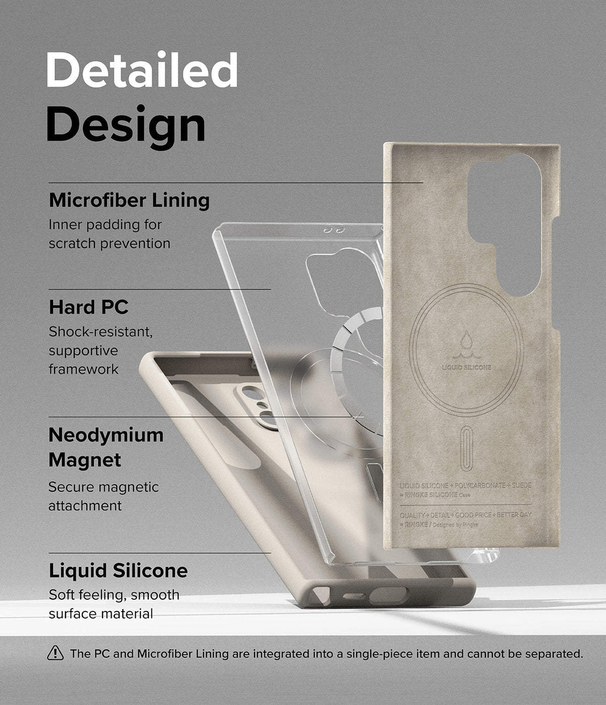 Galaxy S24 Ultra Case | Silicone Magnetic - Exploded view showing microfiber lining, hard PC frame, magnet, and silicone.