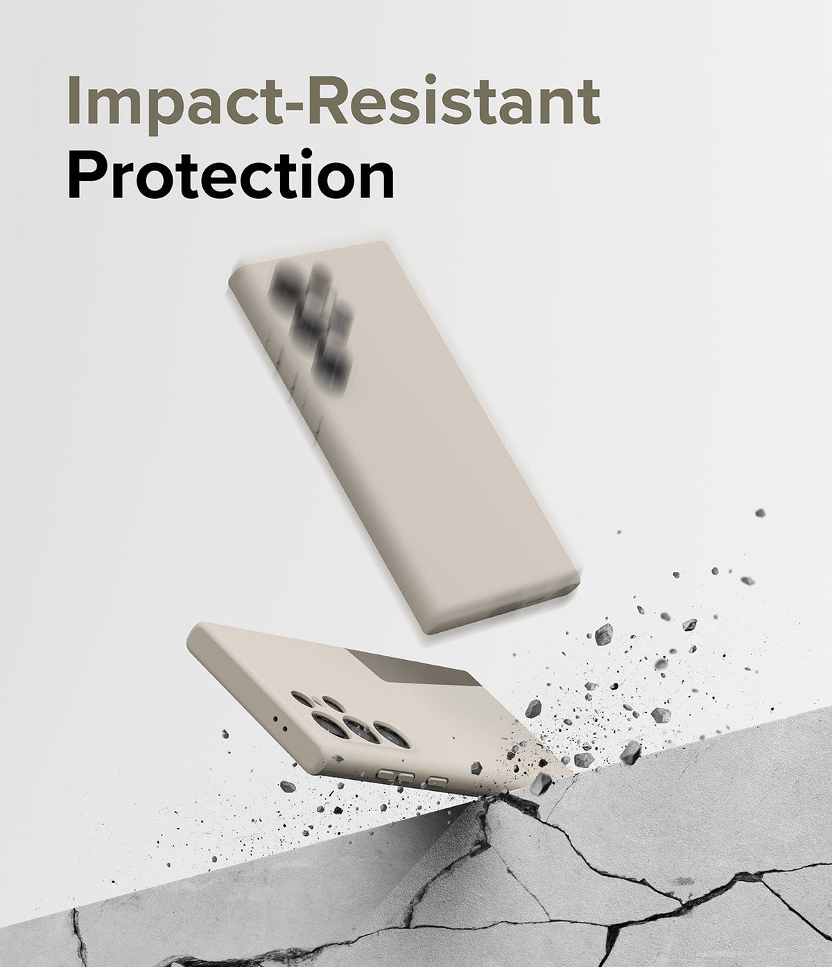 Galaxy S24 Ultra Case | Silicone Magnetic - Beige phone case floating above a cracked concrete surface with debris.
