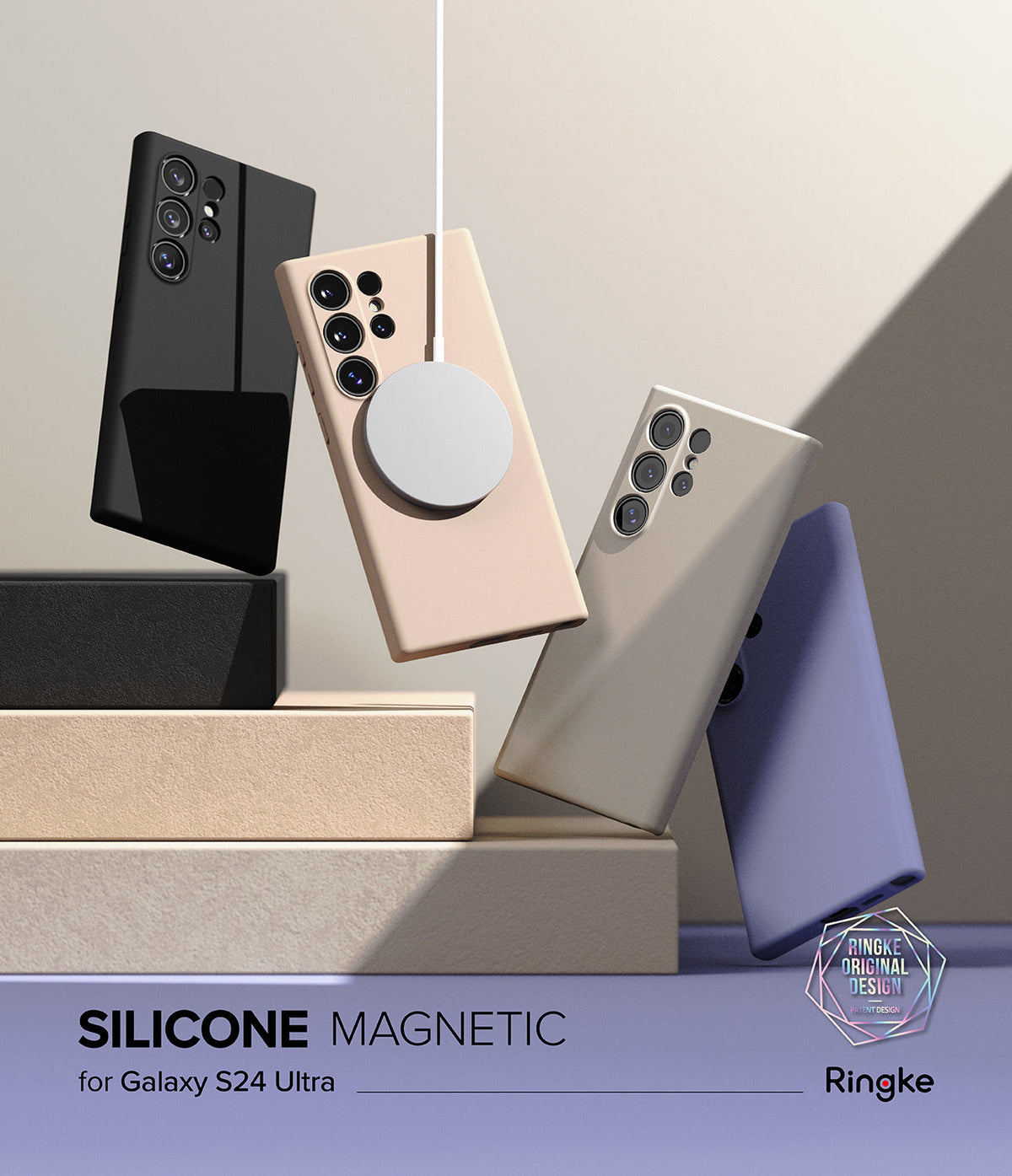 Galaxy S24 Ultra Case | Silicone Magnetic - Four colorful silicone phone cases floating above blocks with a magnetic charger.