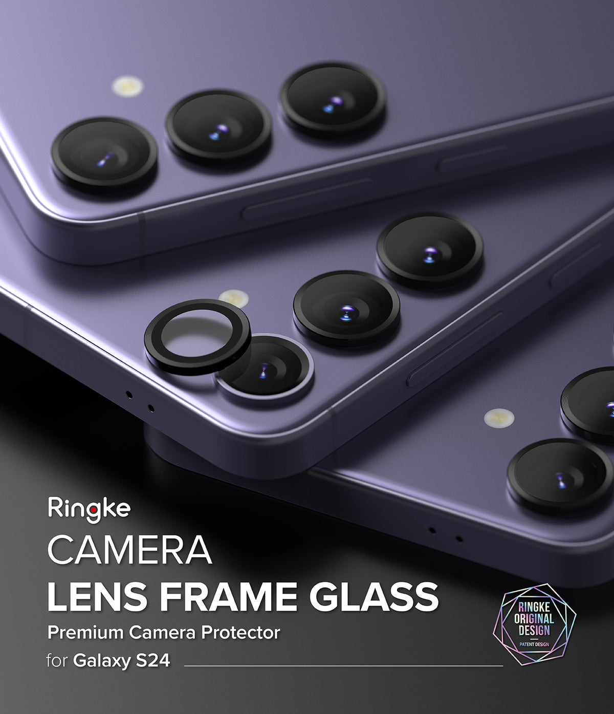 Galaxy S24 Lens Protector | Camera Lens Frame Glass - Galaxy S24 Lens Protector - Black glass lens covers being applied to the triple camera array of a purple Galaxy S24.