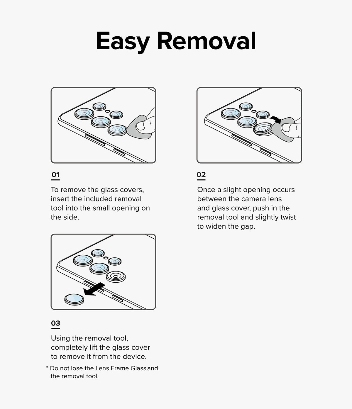Galaxy S24 Lens Protector | Camera Lens Frame Glass - Galaxy S24 Lens Protector - Three-step diagram showing how to use a tool to remove camera lens covers from a phone.