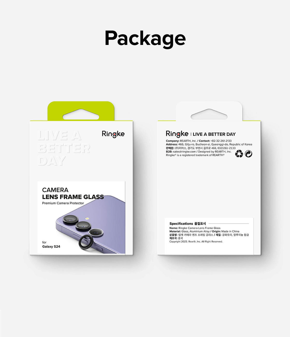 Galaxy S24 Lens Protector | Camera Lens Frame Glass - Galaxy S24 Lens Protector - Front and back view of Ringke camera lens protector packaging for Samsung Galaxy S24.