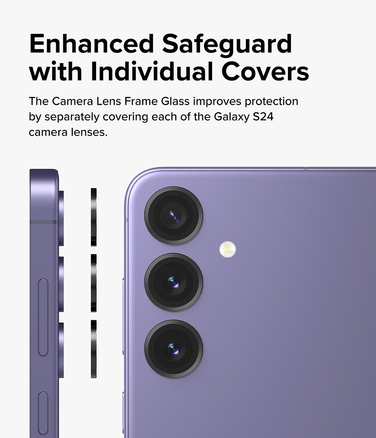 Galaxy S24 Lens Protector | Camera Lens Frame Glass - Galaxy S24 Lens Protector - Three individual lens covers aligning with the camera array of a purple Galaxy S24 phone.