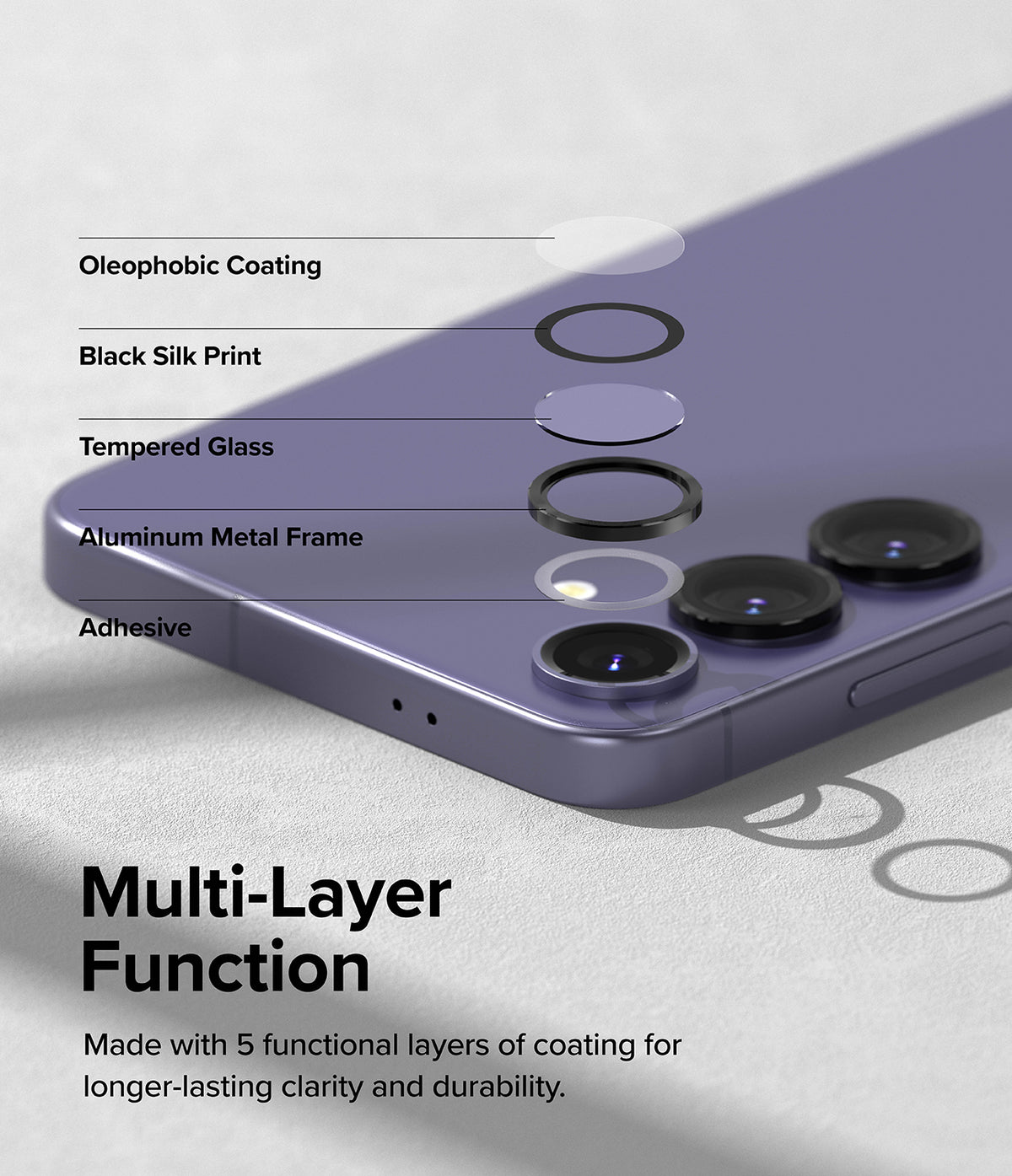 Galaxy S24 Lens Protector | Camera Lens Frame Glass - Galaxy S24 Lens Protector - Exploded view showing five layers of a camera lens protector on a purple smartphone.
