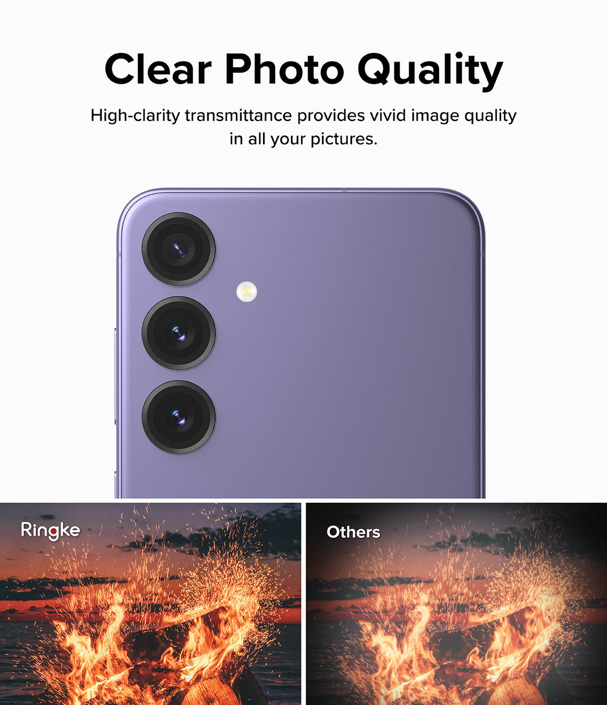 Galaxy S24 Lens Protector | Camera Lens Frame Glass - Galaxy S24 Lens Protector - Comparison showing clear photo quality with Ringke lens protector versus a blurry competitor.