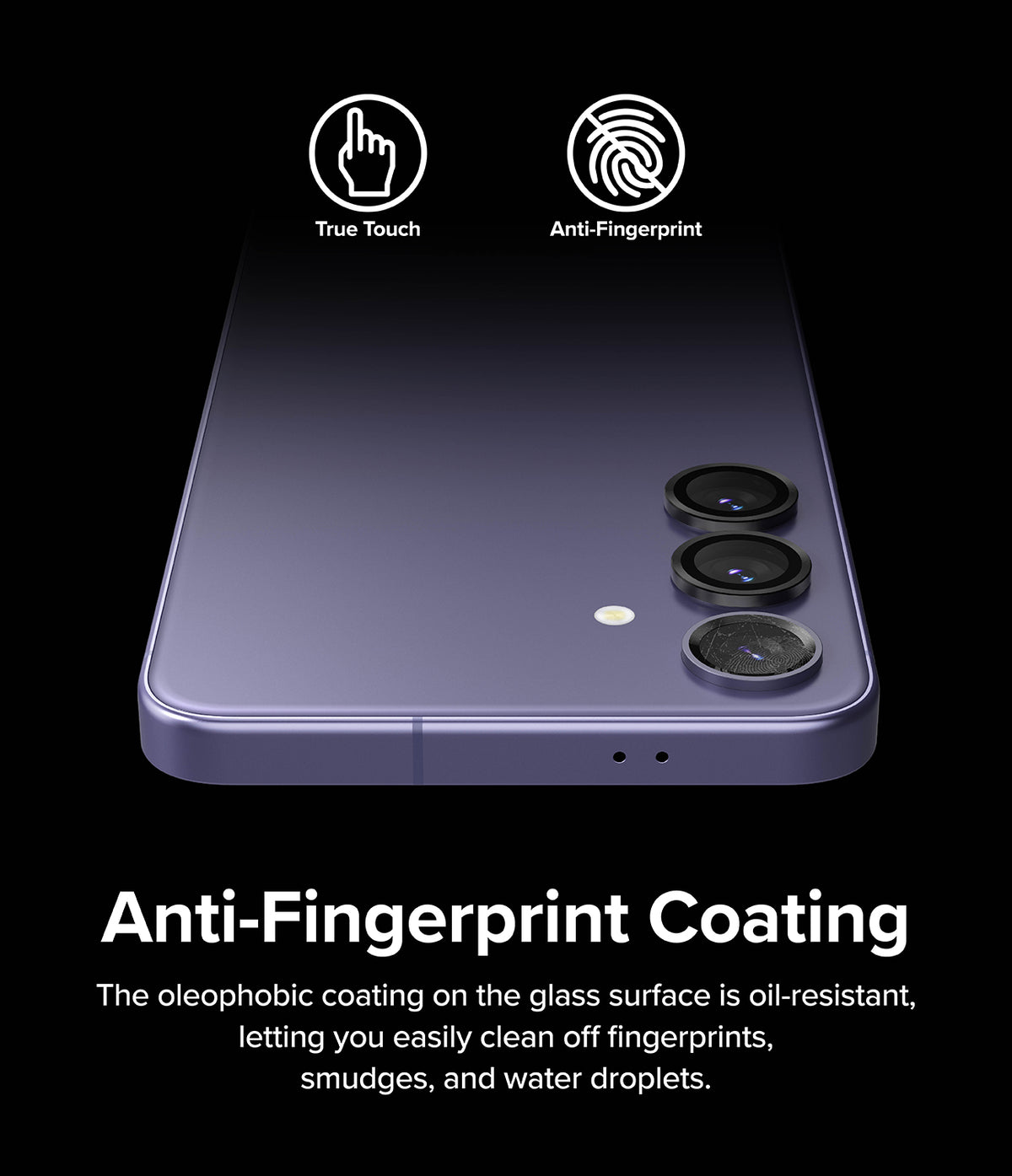 Galaxy S24 Lens Protector | Camera Lens Frame Glass - Galaxy S24 Lens Protector - Purple phone with black camera lens protectors, highlighting anti-fingerprint and touch features.
