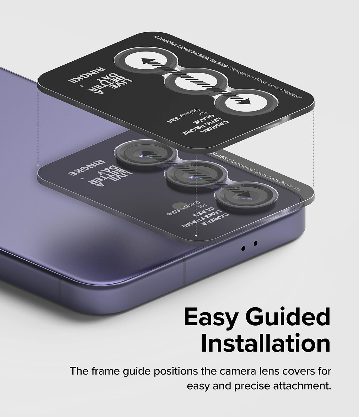 Galaxy S24 Lens Protector | Camera Lens Frame Glass - Galaxy S24 Lens Protector - A frame guide aligning three tempered glass lens covers onto a purple smartphone camera array.