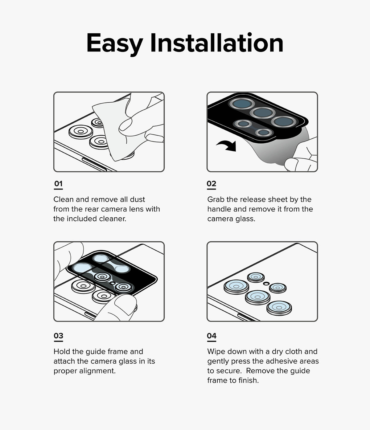 Galaxy S24 Lens Protector | Camera Lens Frame Glass - Galaxy S24 Lens Protector - Four-step illustrated guide showing how to clean, peel, align, and install camera lens glass.