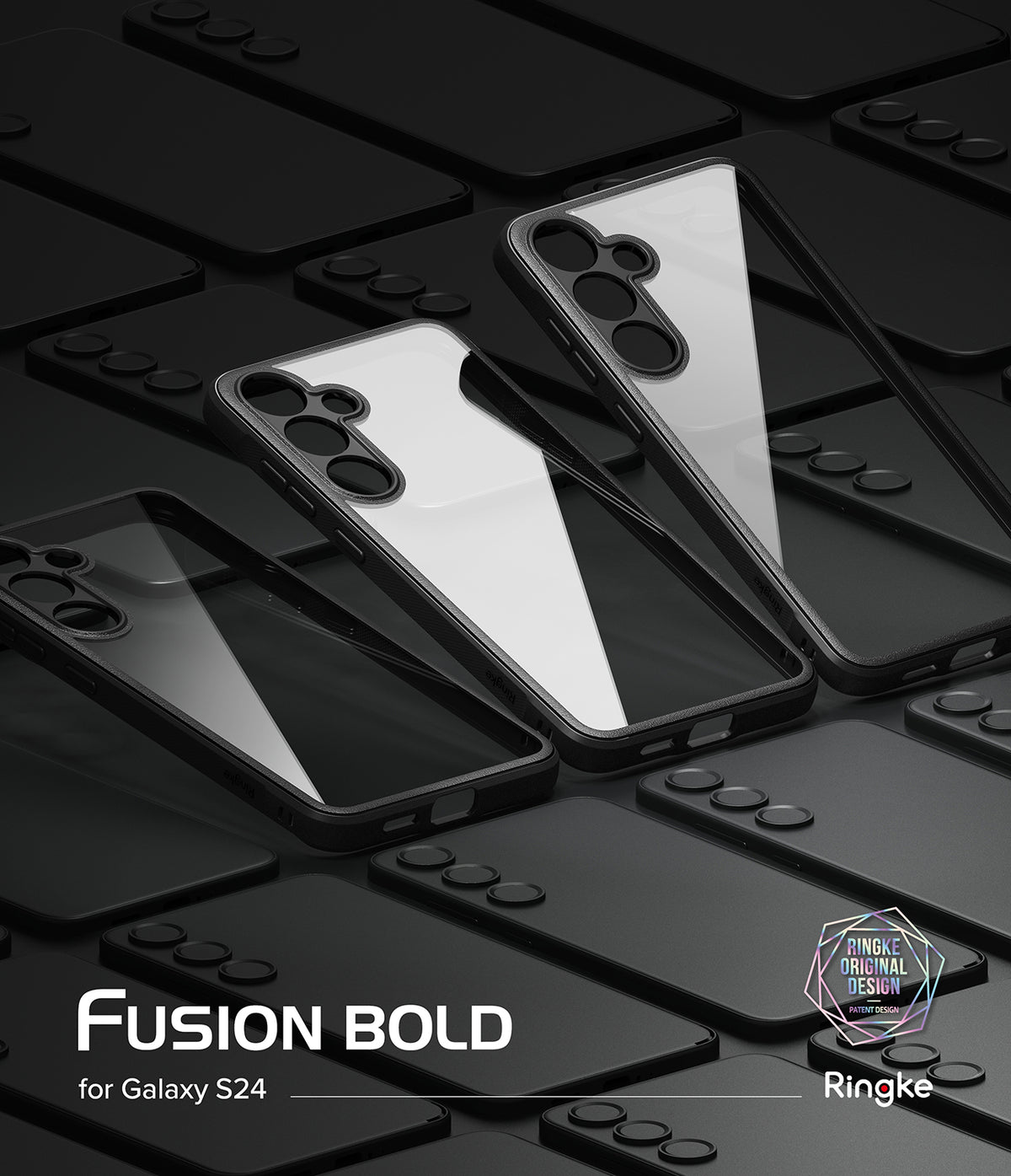 Galaxy S24 Case | Fusion Bold - Multiple clear phone cases with black frames arranged on a dark, patterned background.