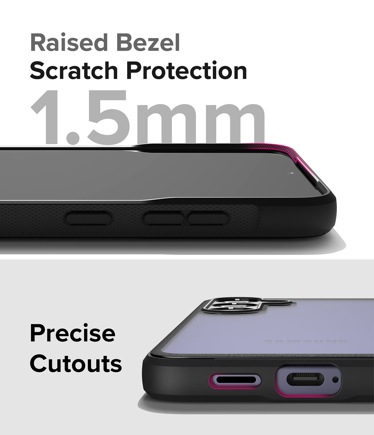 Galaxy S24 Case | Fusion Bold - Close-up of phone case showing 1.5mm raised bezel for screen protection and precise port cutouts.