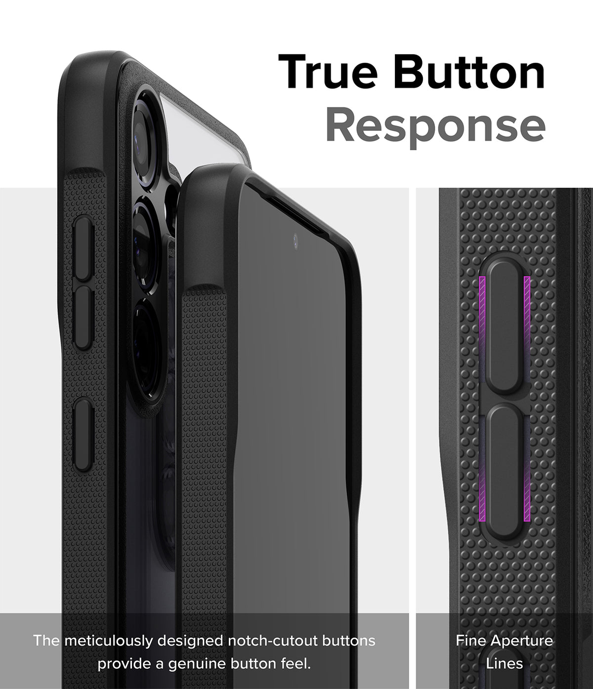 Galaxy S24 Case | Fusion Bold - Close-up of phone case buttons with notch-cutouts and fine aperture lines for tactile response.