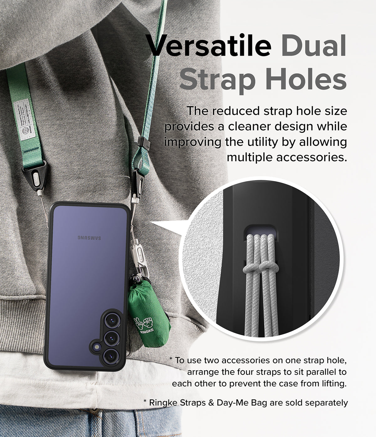 Galaxy S24 Case | Fusion Bold - Phone case with dual strap holes showing multiple accessories attached via parallel cords.